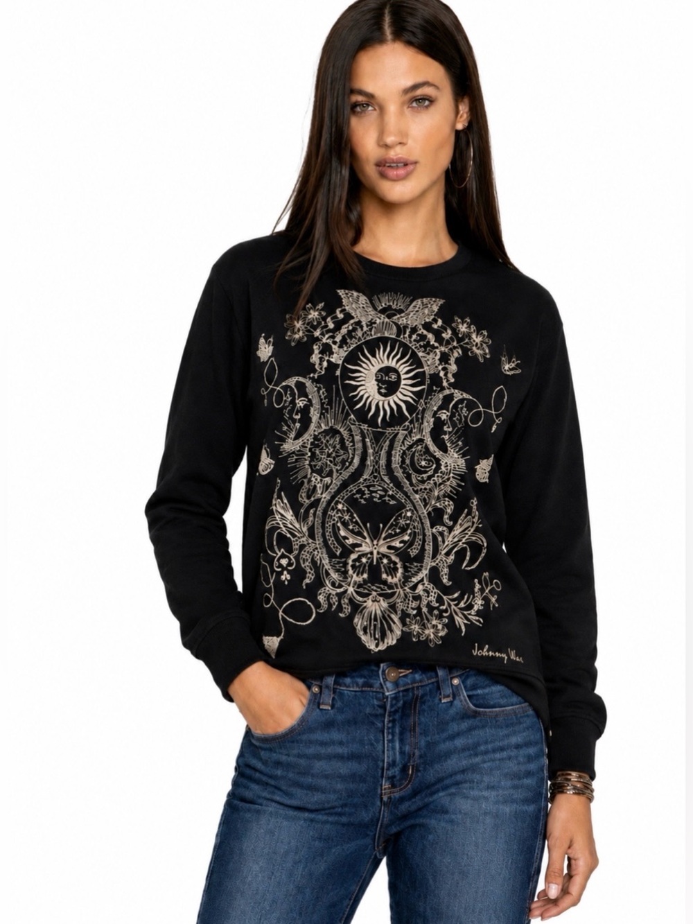 New🌺$198JohnnyWas Krysallis Black  Sweatshirt Sun Floral Butterfly 100%Cotton M